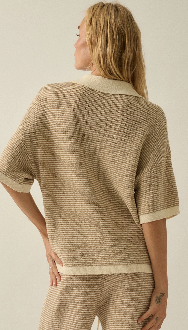 PA STRIPED RIB-KNIT COLLARED SPLIT-NECK TOP | www.atelierorcas.com